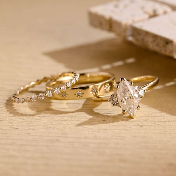 vylahjewellery Elegant Marquise Cut Diamond Bridal Set Ring for Women Moissanite Stackable Wedding Bands 10K Vermeil Yellow Gold Anniversary Jewelry Ring Comfort Fit Engagement Ring