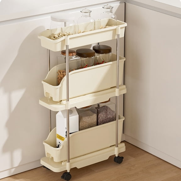 Medium Size Narrow Crevice Rolling Storage Cart With Pull-Out Drawer Bins, Multi Layer Space Saving Wheeled Organizer Rack For Kitchen Bathroom Gap Sundry Storage(S)3 tiers