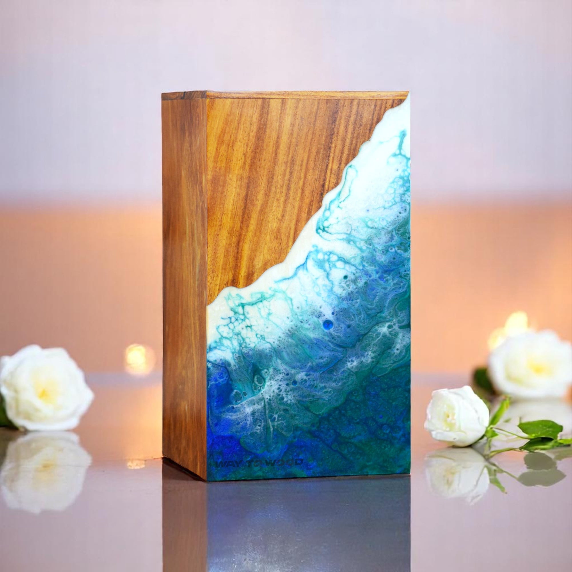 Wooden Urn for Human Ashes Adults, Male/Female - Handcrafted Urns with Ocean Resin Inlay - Unique Memorial Urn for Ashes - Cremation Urns for Burial or Home Display