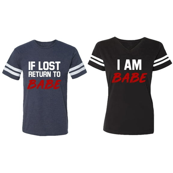 IF Lost Return To Babe I am Babe Matching Couple Cotton Jerseys (Men Navy / Women Black) (Men S / Women S)