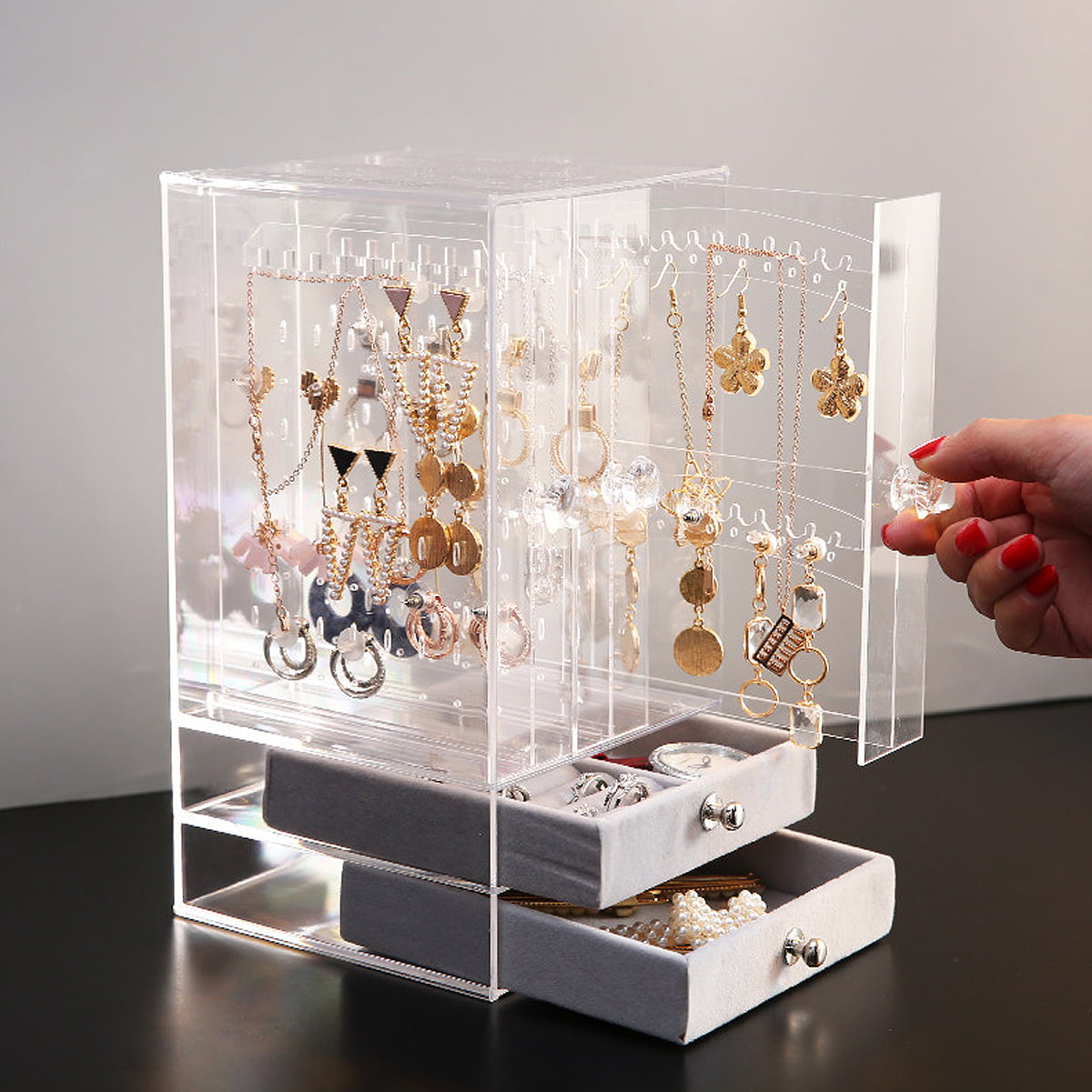 Earring necklace ring hanger holder rack & velvet drawers jewelry organizer box 