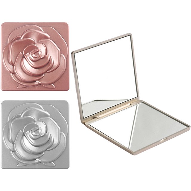 Espejo de maquillaje de doble cara para mujer, de plástico delicado, 3 unidades, plegable, con diseño de rosa