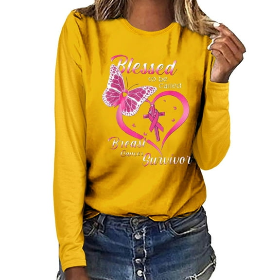 IROINNID Breast Cancer Pullover for Women Breast Cancer Awareness Casual Top Long Sleeve Sweatshirt Pullover Blouse,Yellow