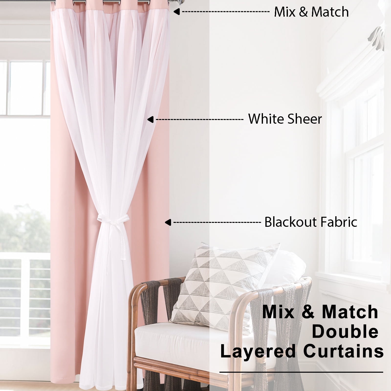 Hiasan Blackout Curtains with White Sheer Overlay, Double Layer Mix  Match Thermal Insulated Room Darkening Curtains for Girls Bedroom, 2 Window Panels with Tiebacks, Blush, 52W X 96L