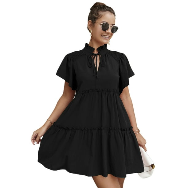 Women Short Sleeve Mini Dress Ruffles Stand Collar A Line Sundress