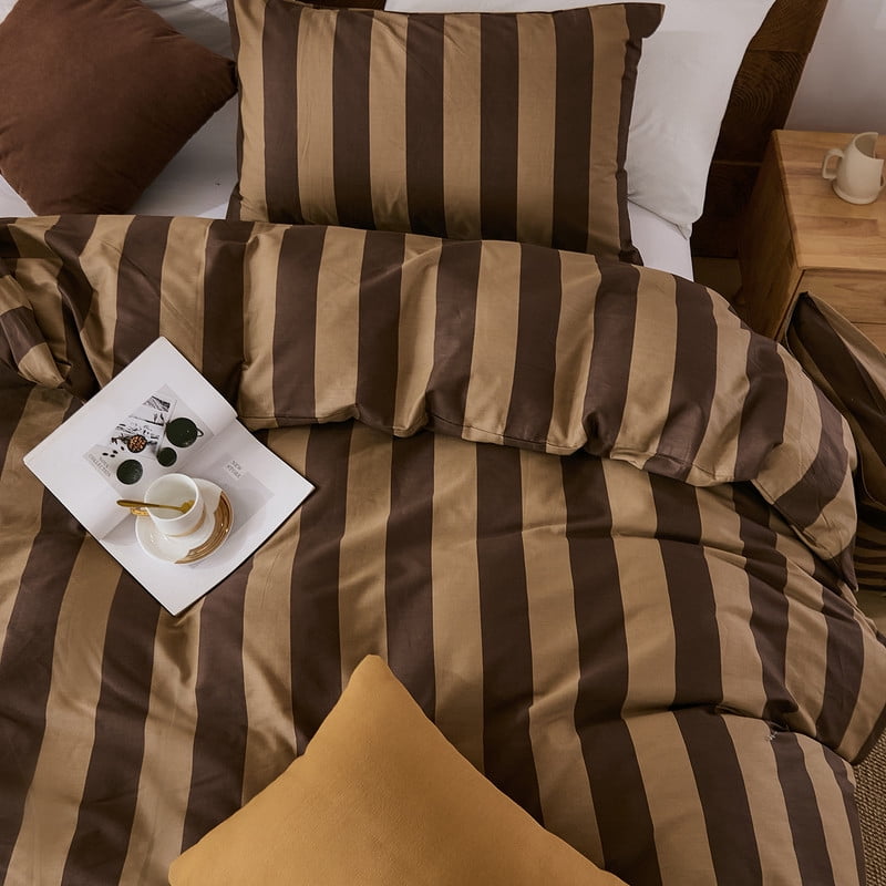 Brown Striped Striped Duvet Cover Set Queen Size, 100% Cotton Duvet Cover Set with Zipper Closure and 8 Corner Ties, 3 Pieces Soft and Breathable Natural Cotton Bedding Set for All Seasons