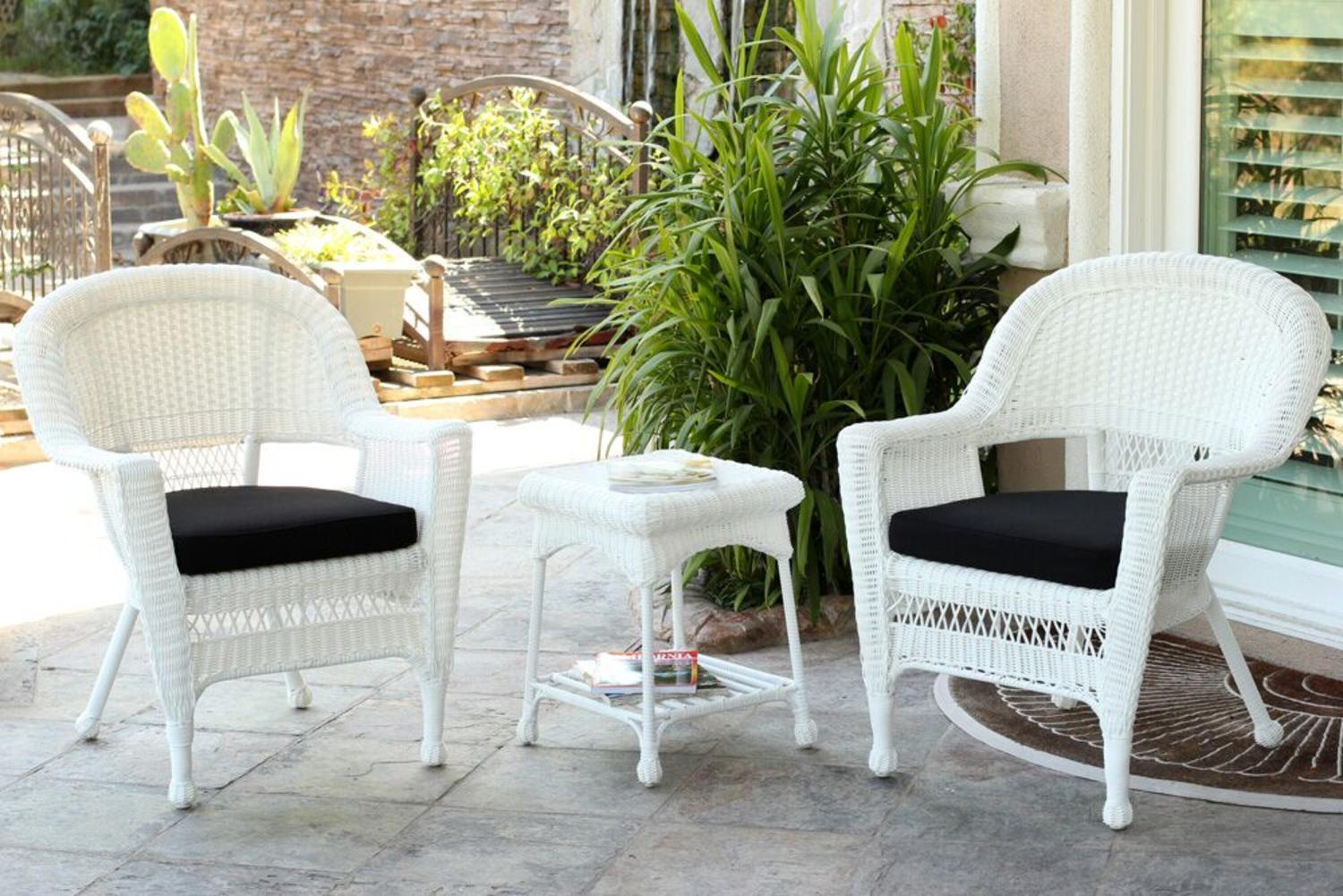 3 Piece White Resin Wicker Patio Chairs And End Table Furniture Set Black Cushions Walmart Com Walmart Com