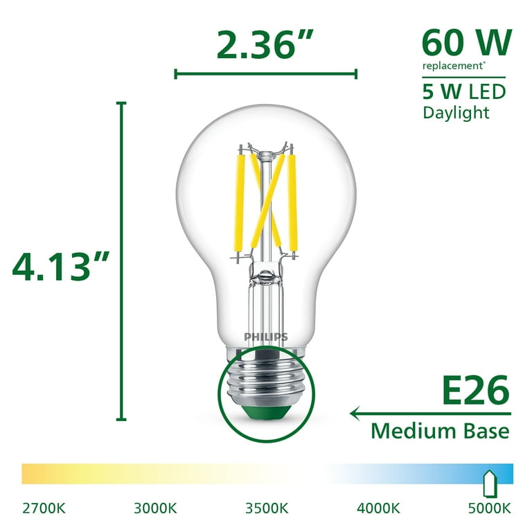 Philips 8W (60W Equivalent) LED A19 Daylight Bulb – 5000K Non-Dimmable, 6-Pack, 800 Lumens, Lasts 10+ Years