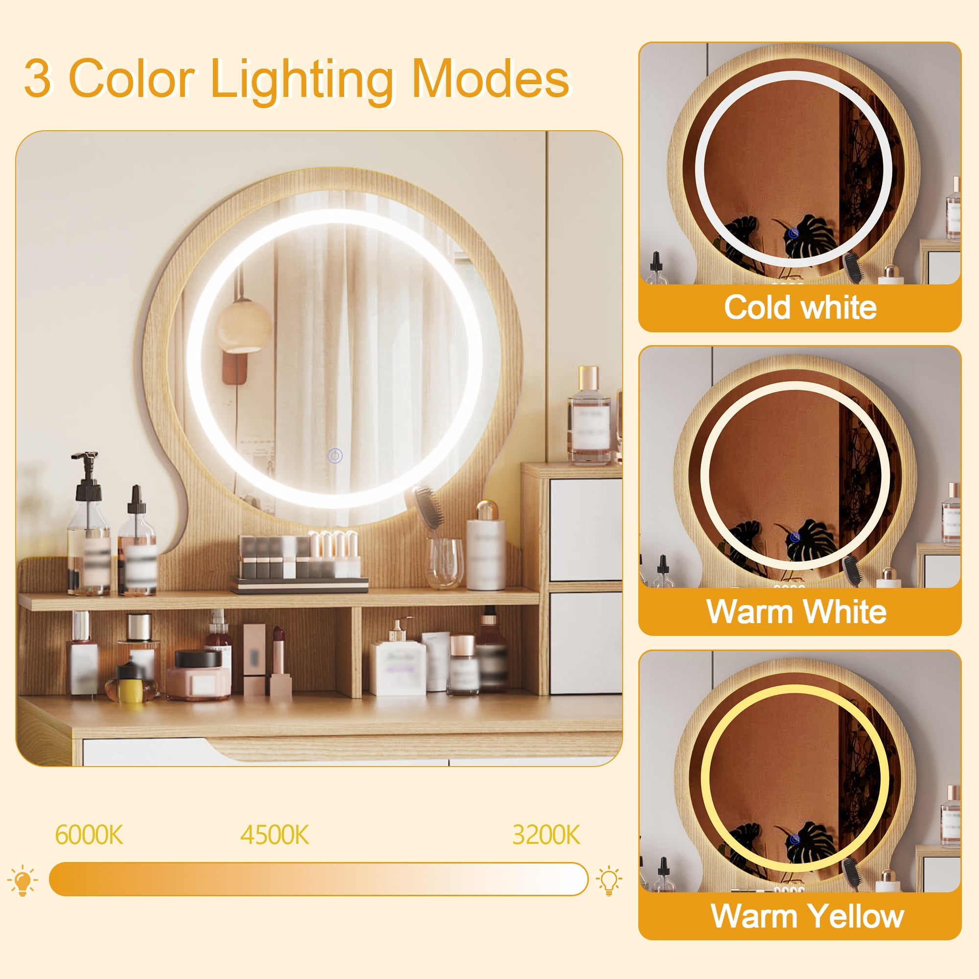 Montary Vanity Desk w/ 3 Modes LED Mirror & Solid Wood Legs | 4 Drawers + 3 Shelves | Small Space Bedroom Set