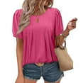 thumbnail image 2 of WCMZJ Womens Short Sleeve Tops Solid Boho Shirts Casual Keyhole Crew Neck Tunic Shirts Summer Ruched Blouse Hot Pink M, 2 of 8