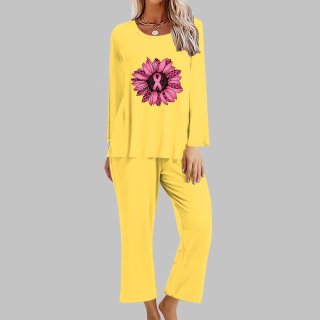 Puntoco Mujer Otoño Moda Cáncer De Mama Impreso Cuello Redondo Manga Larga + Pantalones Traje Amarillo Xl