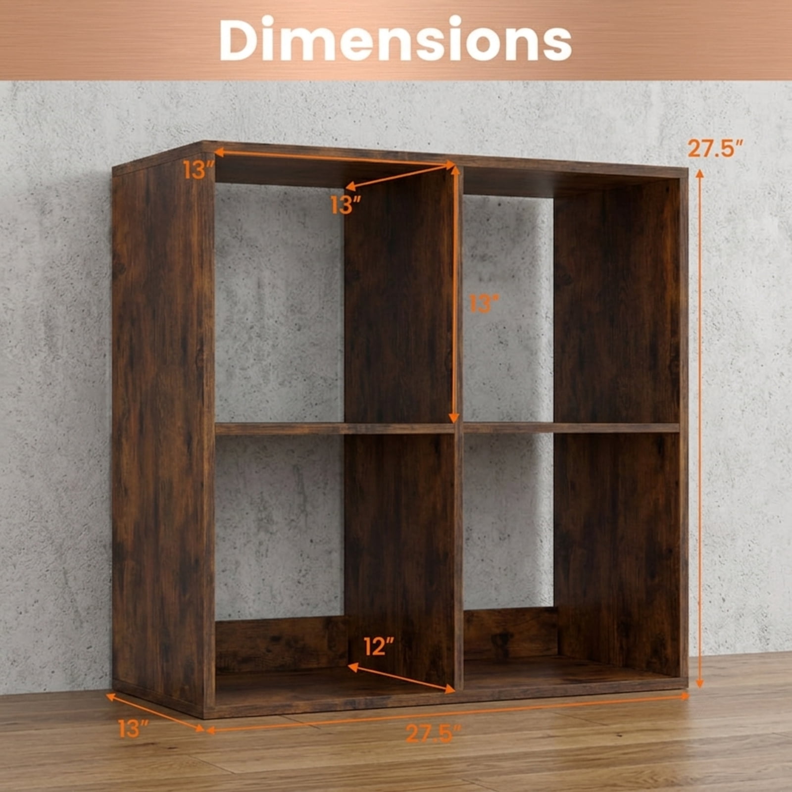 Furnibear 4-Cube Bookshelf with Back Guardrail Reinforced Crossbar and Anti-Tipping Kits for Living Room and Bedroom Books and Boxes, Coffee, Brown
