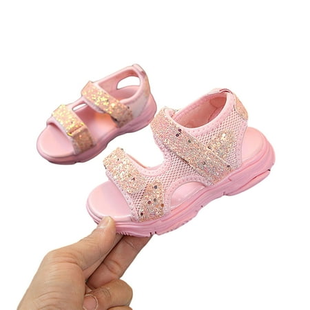 

Summer Breathable Little Girls Sandals Toddlers Sweet Style Sequins Mesh Decoration Soft Sole Non-slip Velcro Beach Shoes