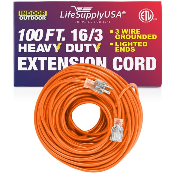 100 ft Power Extension Cord Outdoor & Indoor Heavy Duty 16 Gauge/3 Prong SJTW (Orange) Lighted end Extra Durability 10 AMP 125 Volts 1250 Watts ETL Listed by LifeSupplyUSA
