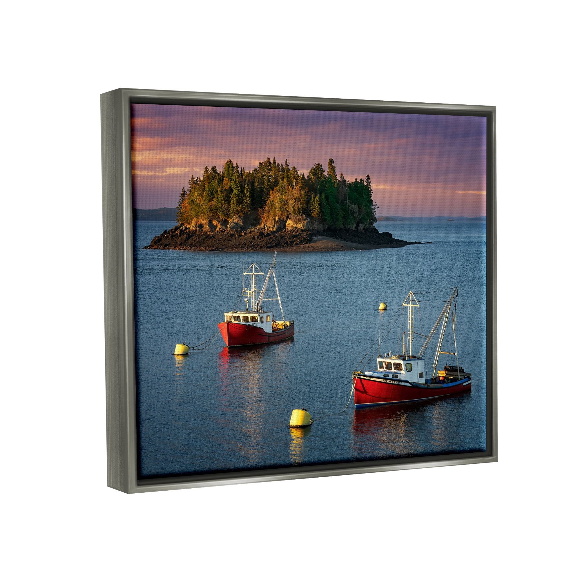 Stupell Boats Sailing Ocean Island Landscape Photography Gray Floater Framed Art Print Wall Art