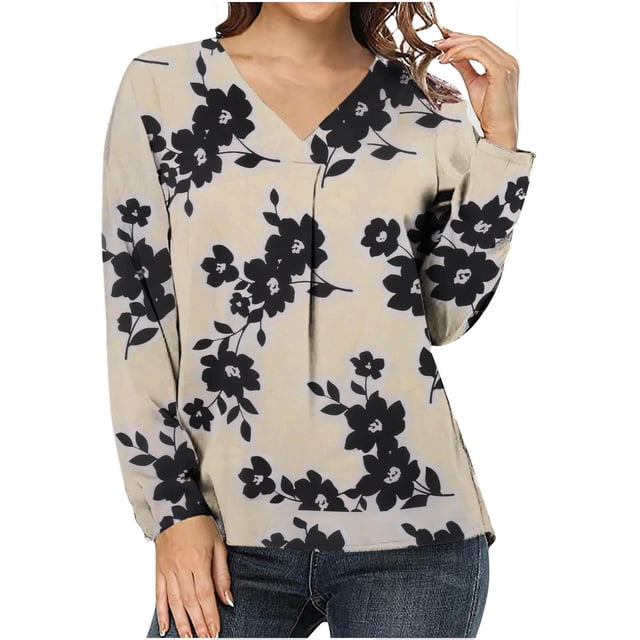 Camiseta de manga larga suelta con cuello en V y estampado informal a la moda para mujer Pompotops FGAJ13468