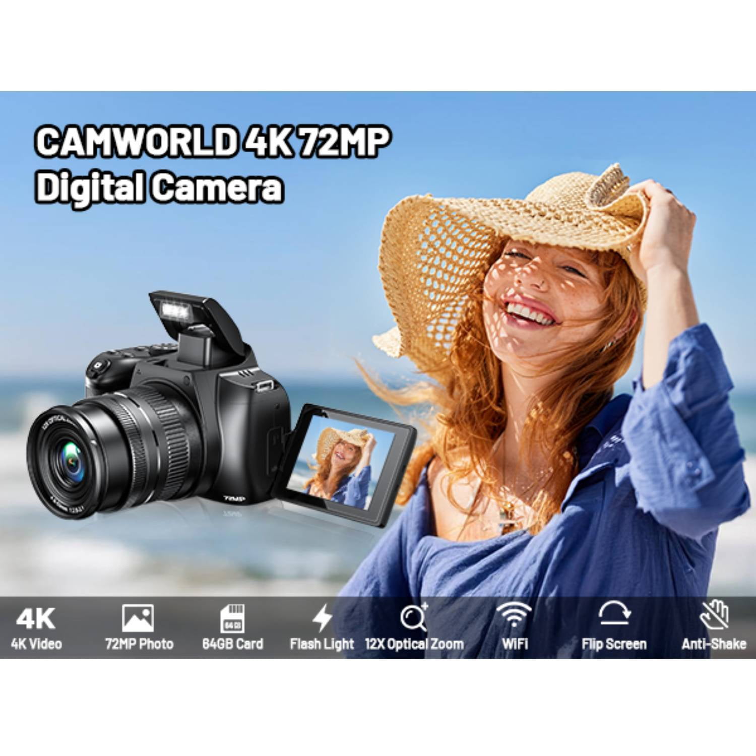 Campark AC21 72MP Autofocus Digital Camera with 12X Option Zoom 4K/30FPS Video, WiFi, 64GB Card