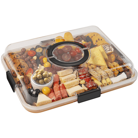 Hnrifc Charcuterie Board with Clear Lid, Travel Portable Cheese Board Charcuterie Boxes Cutting Boards for Kitchen (6 Compartments Black)
