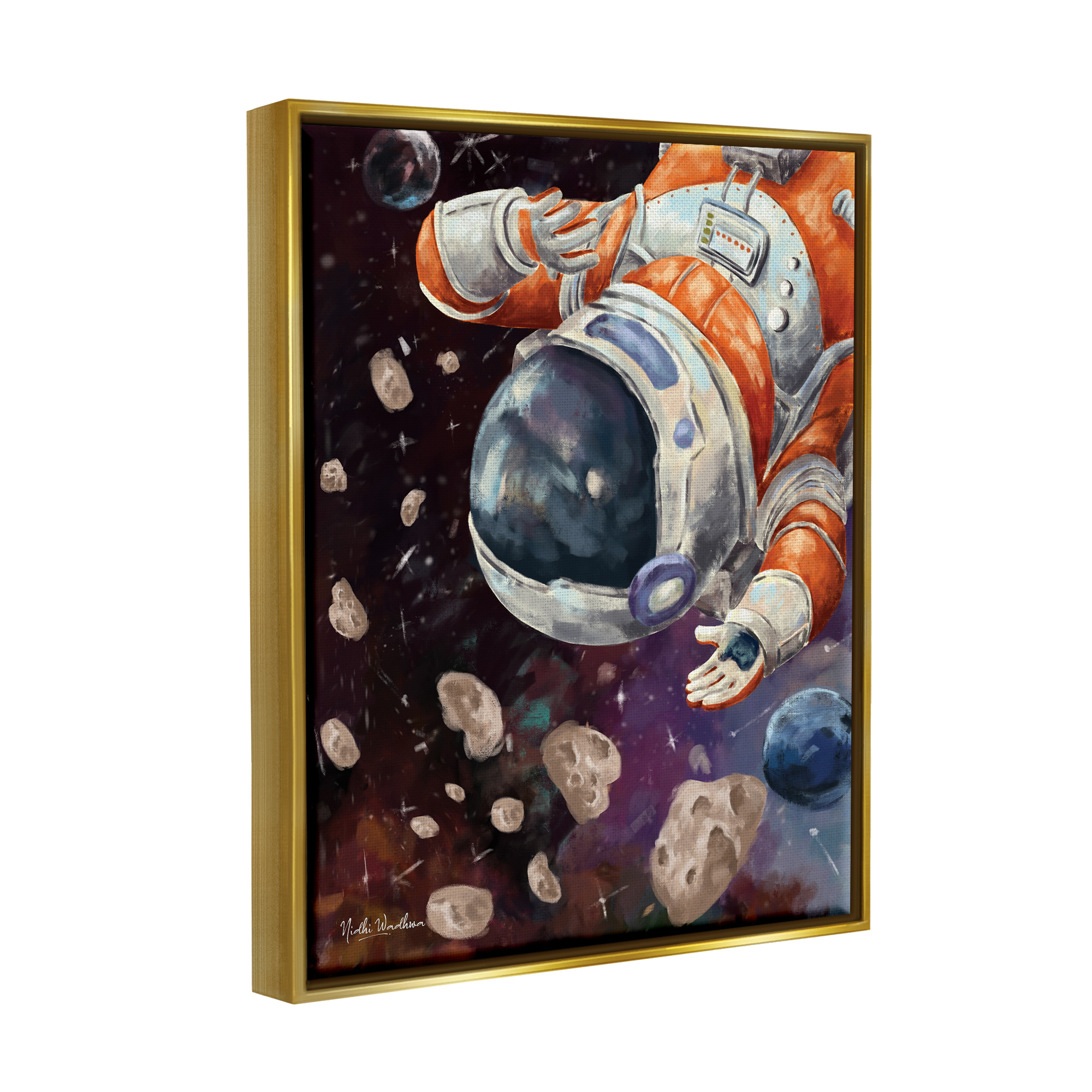 Stupell Industries Astronaut & Space Asteroids Art for Kids Painting Gold Floater Framed Art Print Wall Art, 17 x 21