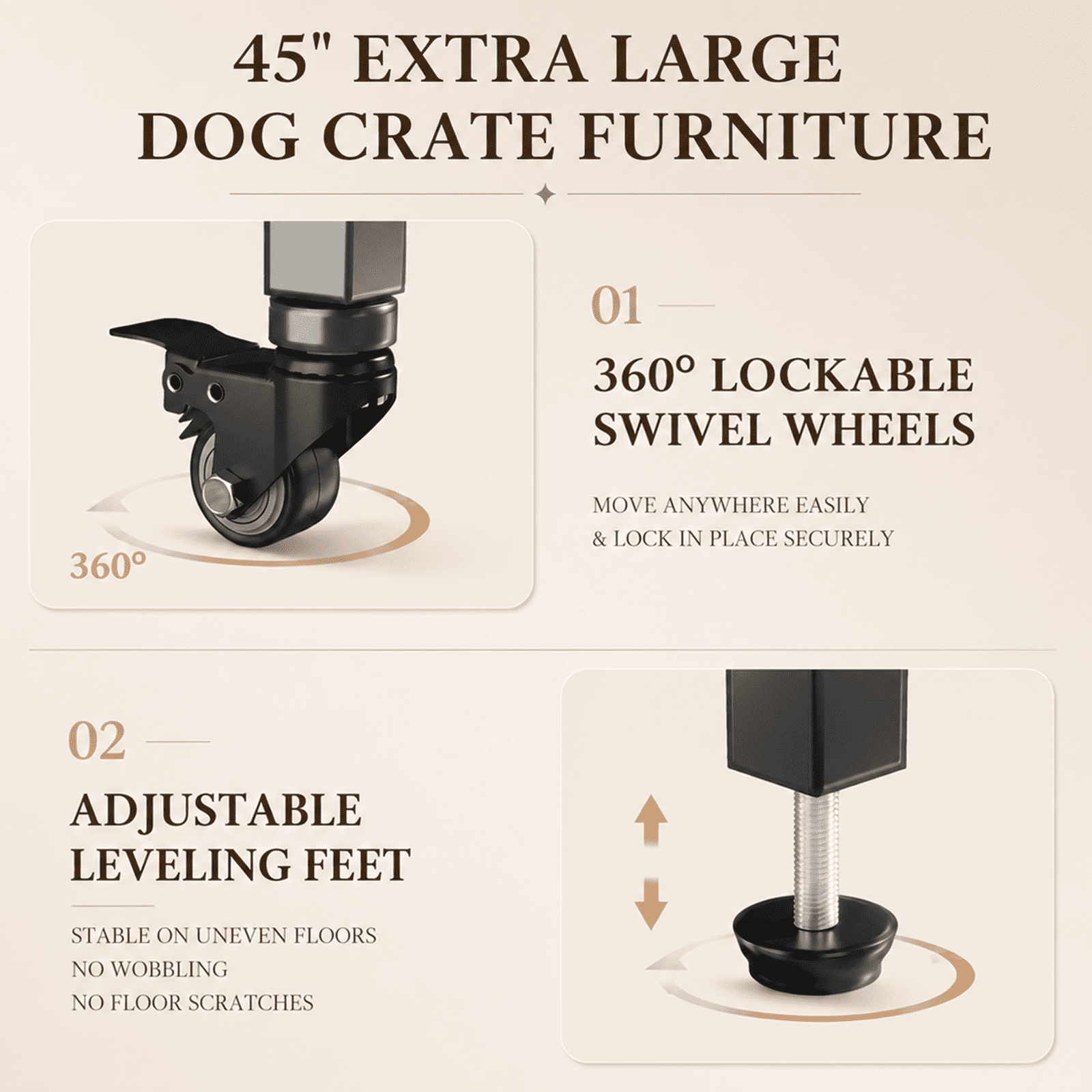 Fowroa 48" Dog Crate with Wheels Dog Crate Furniture for Large Dogs up to 90 lbs, Waterproof Top, Gray