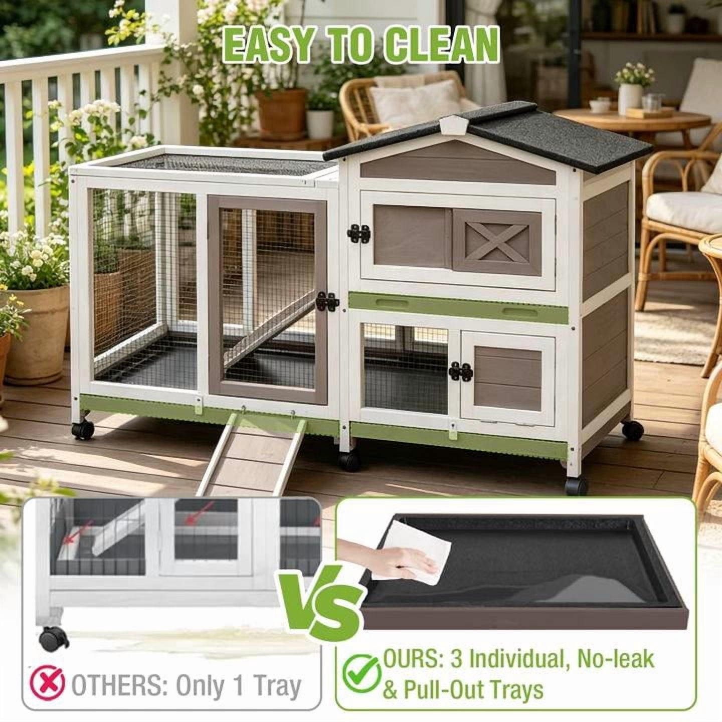 Aivituvin 55.2" Rabbit Hutch Indoor Outdoor, 2-Story Bunny Cage with Chew-Proof Full Metal Frame, 6 Locking Casters, 2 Pull-Out Trays for Rabbits Guinea Pigs Small Pets