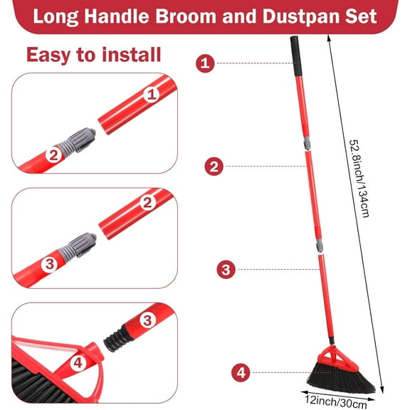 5 Set Broom and Dustpan Combo Set - 52.8 Inch Adjustable Angle Broom for Home Kitchen, Office & Garage Cleaning