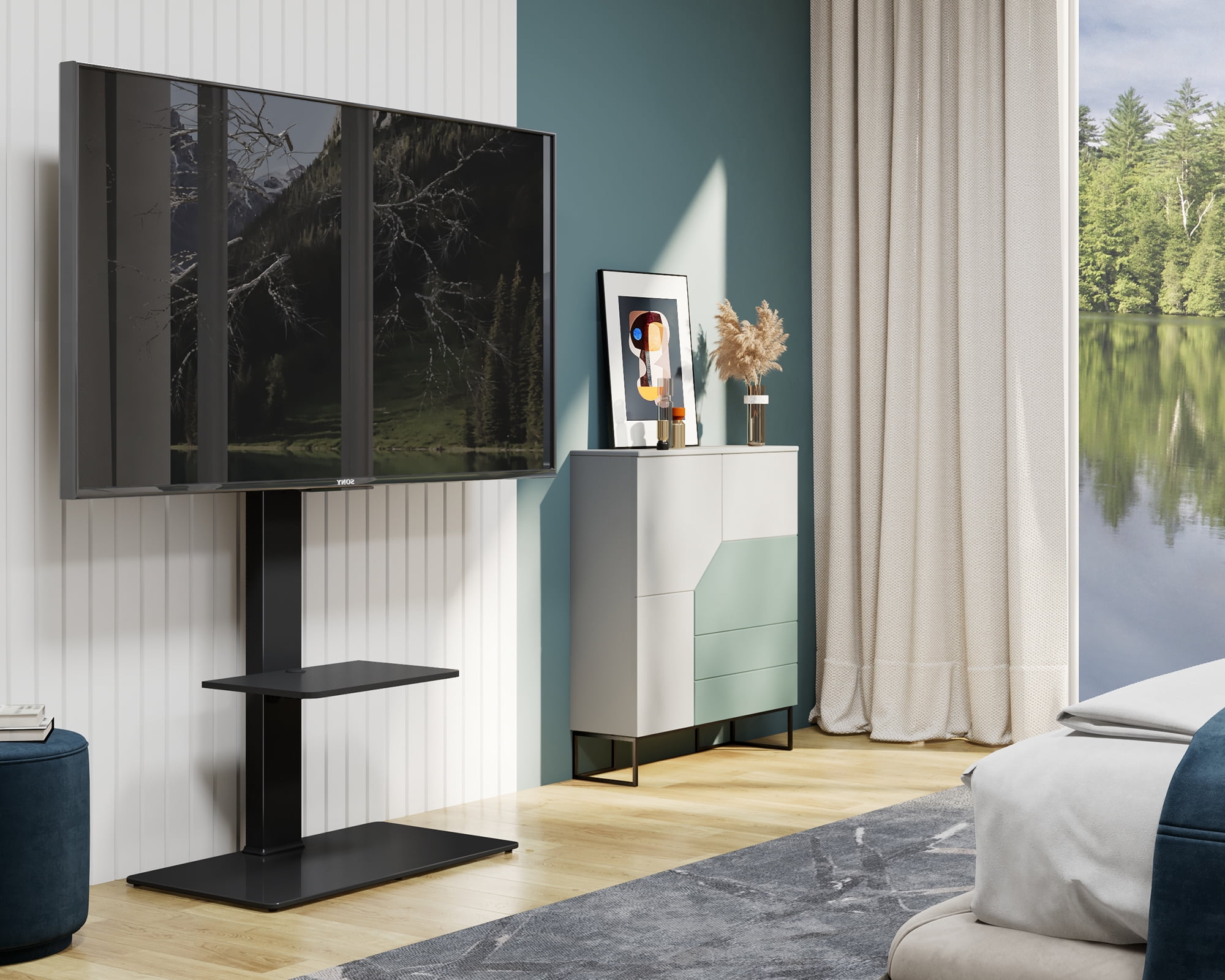 FITUEYES Universal Swivel Floor TV Stand for 65 Inch TV, Television Stands with Tempered Glass Base Black TV Stand for Bedroom, Modern Room, School, Hotel