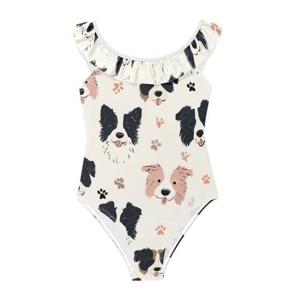 Girls Ruffled One Piece Swimsuit Summer Beach Vacation Swimwear Tank Swimsuit Dog Head and Paw Prints