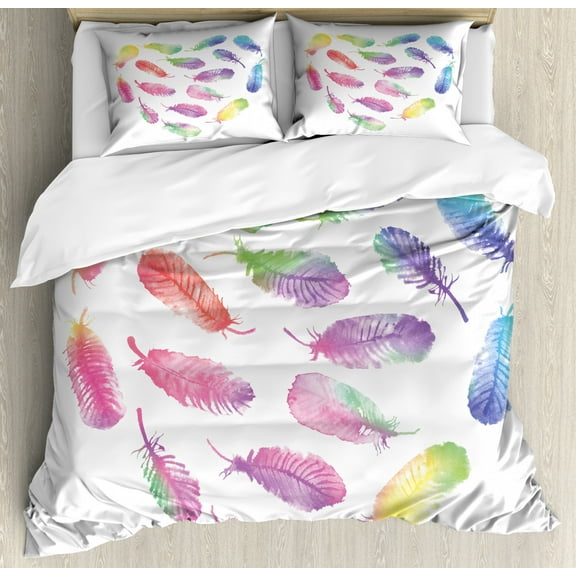 Feather Queen Size Duvet Cover Set, Fluffy Dreamy Artistic Pattern with Watercolor Elements Plumage Romantic Design, Decorative 3 Piece Bedding Set with 2 Pillow Shams, Multicolor, by Ambesonne
