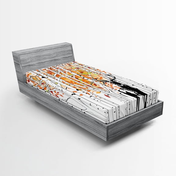 Ambesonne Deer Fitted Sheet, Trees Foliage Wilderness, Twin Size, Orange Green and White