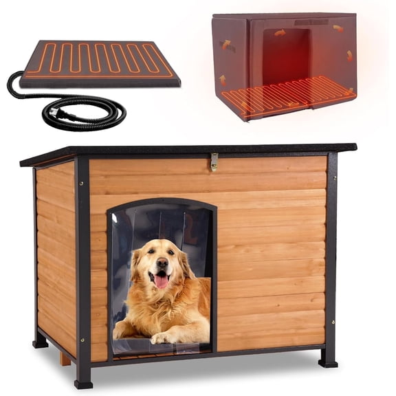 Aivituvin Heated Outdoor Dog House with Heating Pad & Insulated Liner, Winter Weatherproof Anti-Chewing Dog Kennel, Iron, Brown