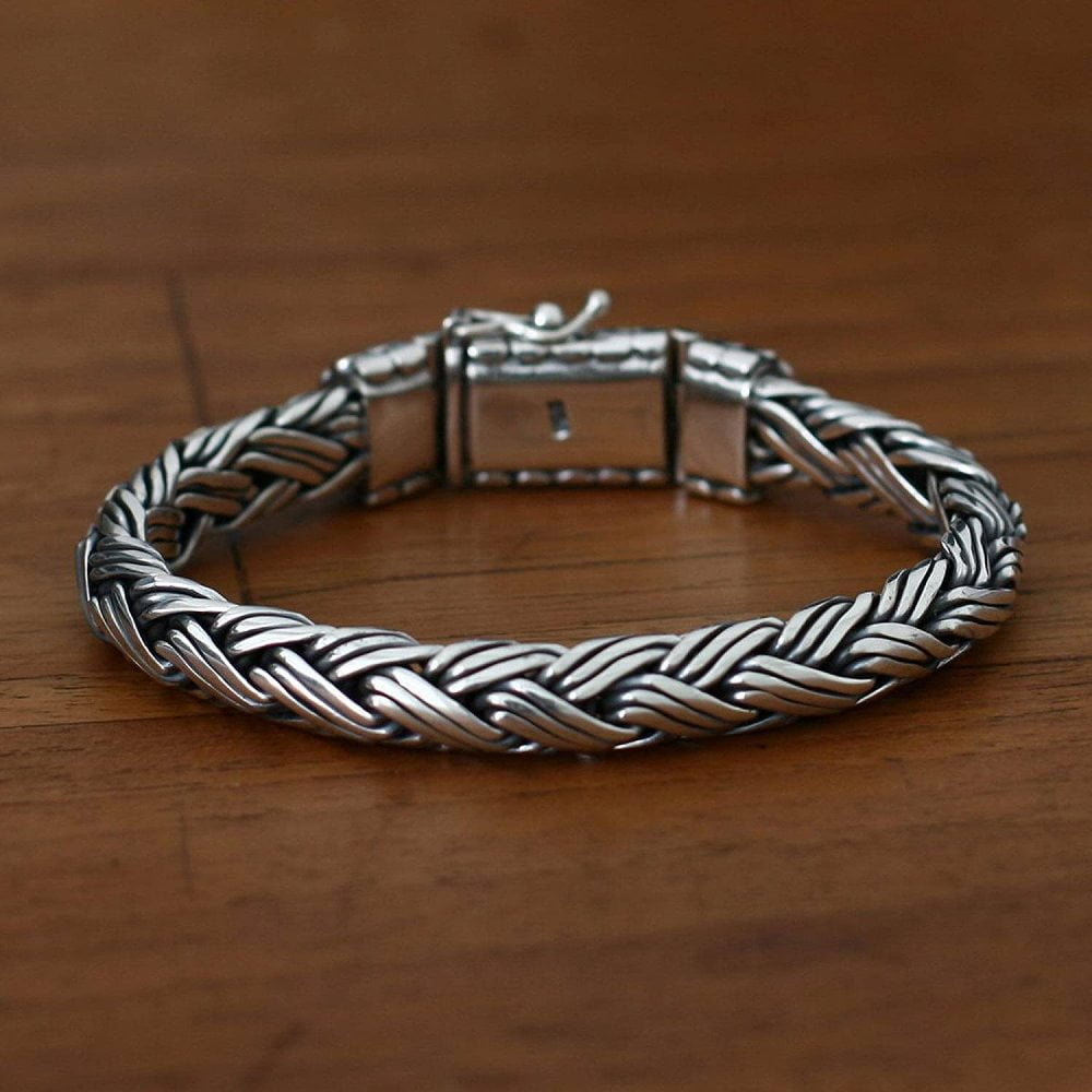 NOVICA .925 Sterling Silver Mens Braided Chain Bracelet Friendship