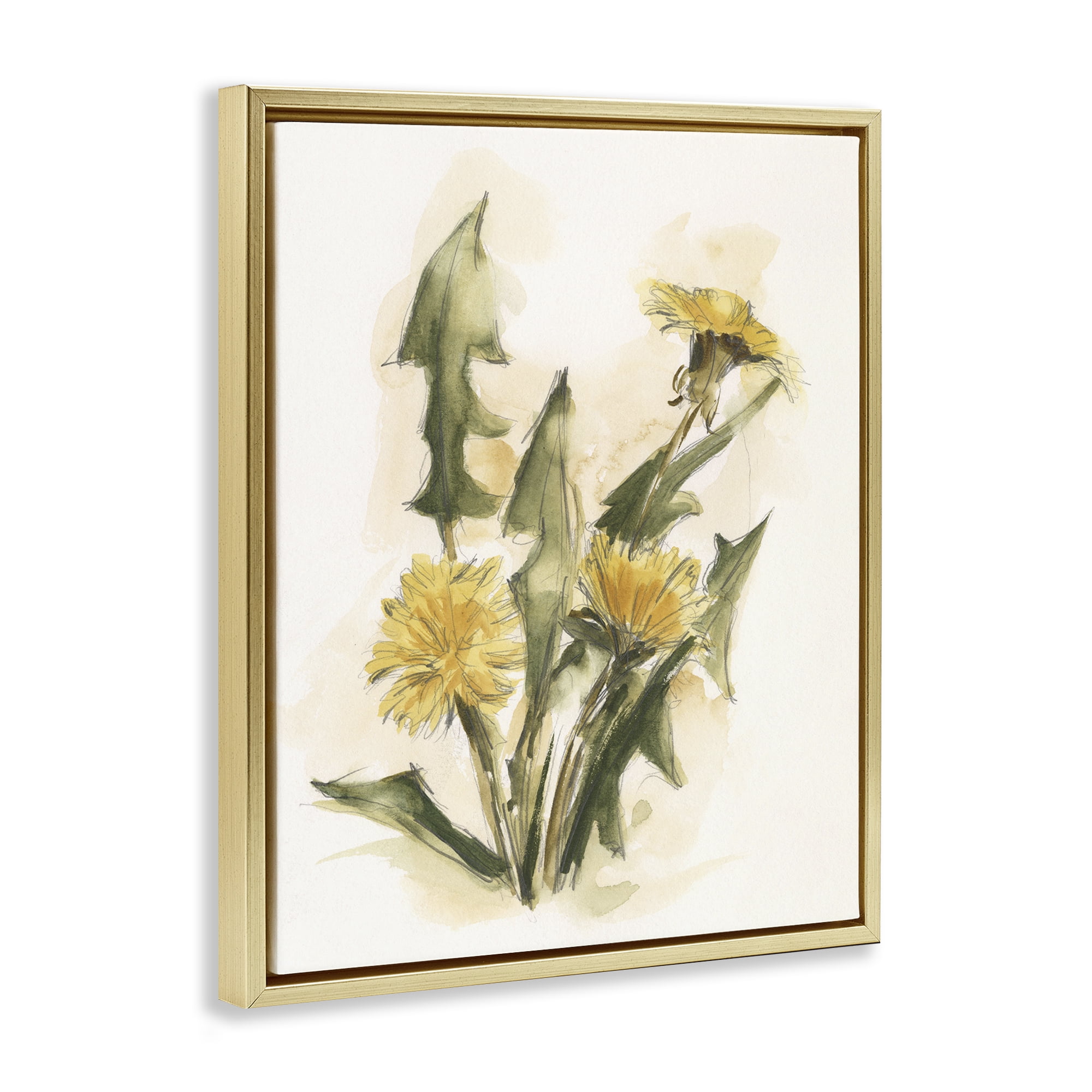 Stupell Industries Traditional Yellow Dandelion Botanical & Floral Painting Gold Floater Framed Art Print Wall Art, 25 x 31