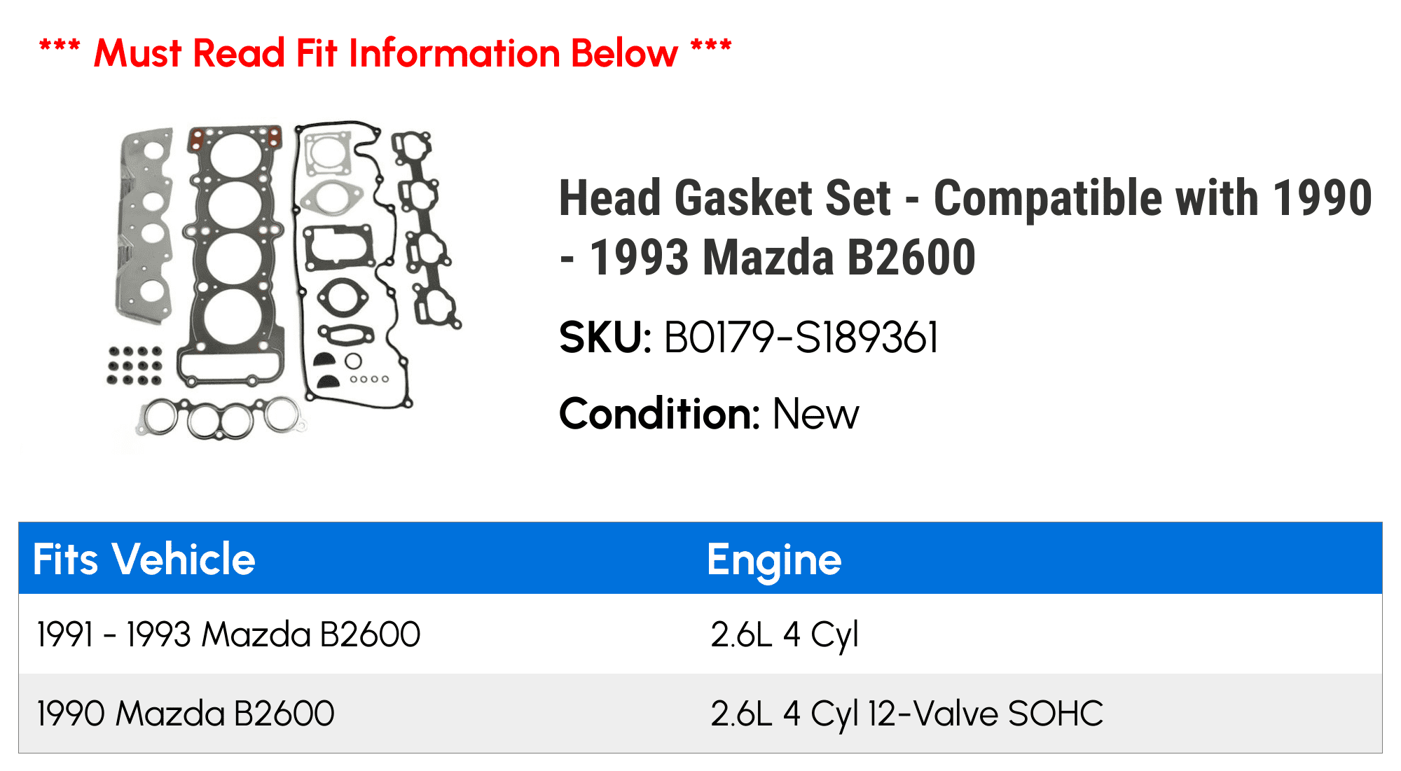 Head Gasket Set - Compatible with 1990 - 1993 Mazda B2600 1991 1992