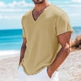 thumbnail image 2 of JULMCOMO Cotton Linen T Shirts for Men V Neck Short Sleeve Fringe Raw Hem Comfy Summer Shirt Casual Classic Tees Beige M, 2 of 5