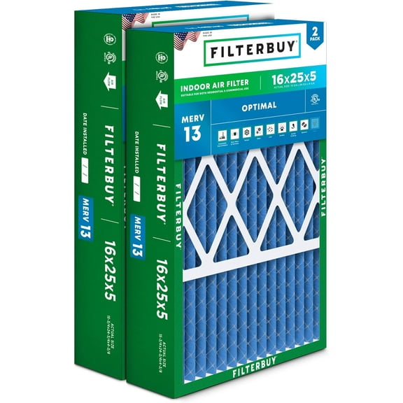 Filterbuy 16x25x5 MERV 13 Health Defense, Pleated HVAC AC Furnace Air Filters for Honeywell FC100A1029, Lennox X6670, Carrier, & More (2-Pack)