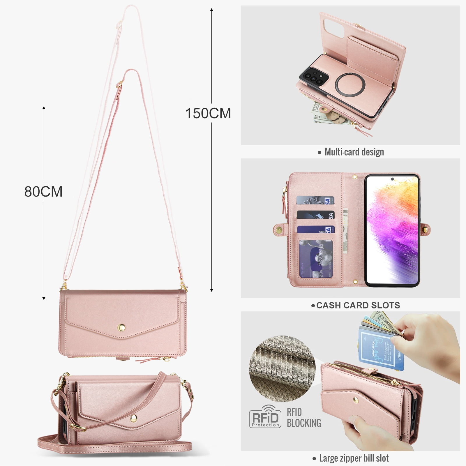 Designed for Samsung Galaxy A14 5G Multi-Function Wallet Phone Case,With Shoulder Strap&Wrist Strap,Cash Pocket&Card Slots,Zipper Purse,Magnetic Detachable PU Leather Flip Phone Case,Rosegold