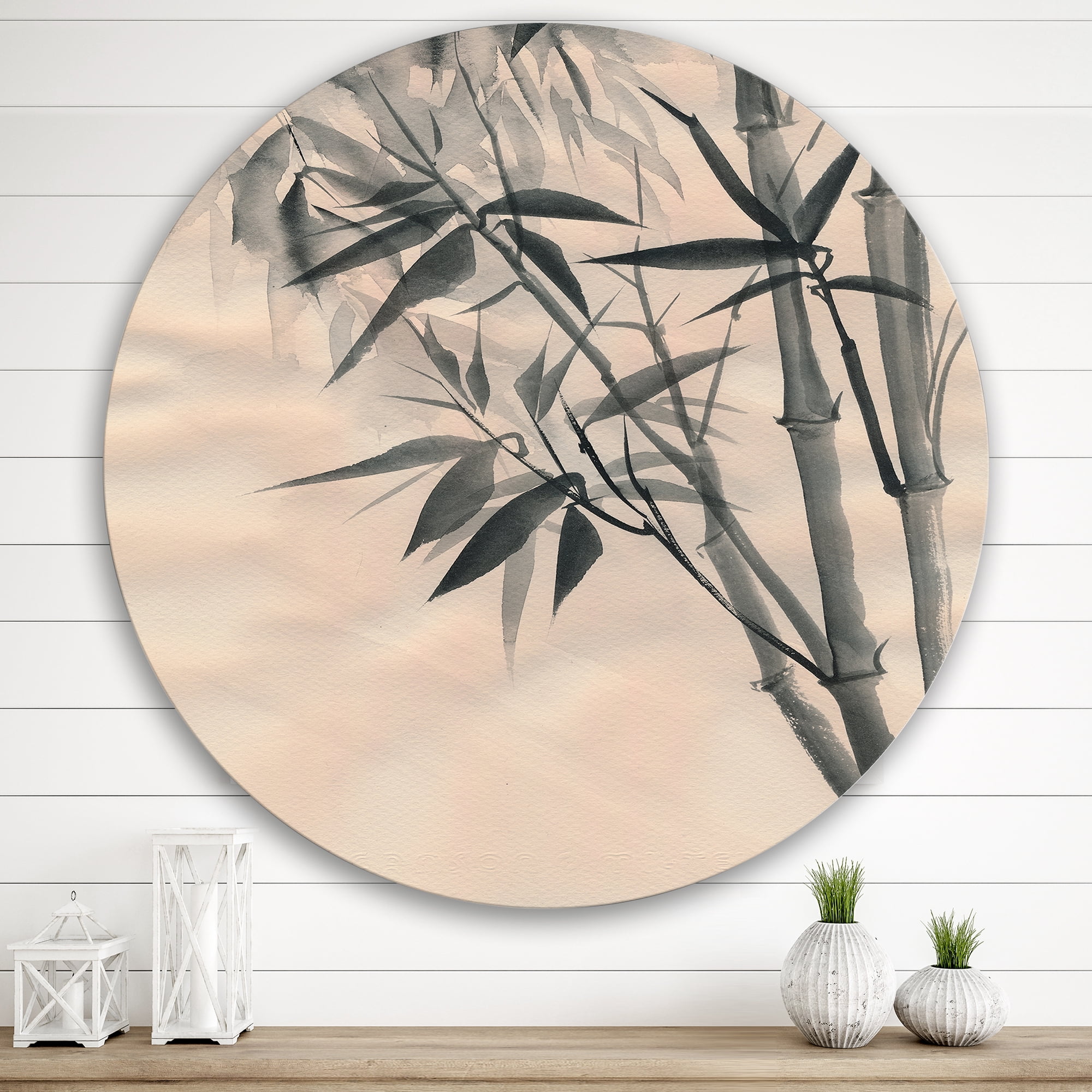 Designart 'Vintage Black and White Bamboo I' Traditional Circle Metal Wall Art 29x29 - Disc of 29