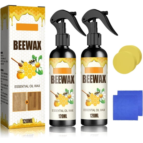 2-Pack Natural Beeswax Furniture Polish and Cleaner Spray, 120ml - Wood Seasoning Beewax for Furniture, Cabinets and Floors, Restores Shine and Removes Scratches, Includes Sponges & Microfiber Cloths