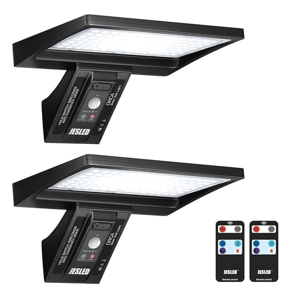 JESLED Solar Security Lights, 104 LED Motion Sensor Lights Outdoor, Remote Control, IP65 Waterproof, 4 Modes Outside Lights Solar Powered for Yard, Garage, Garden (6000K 2 Pack)