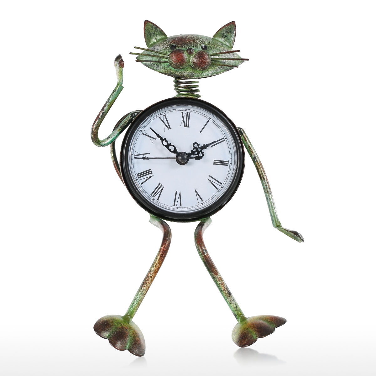 Cat Clock Handmade Vintage Metal Iron Cat Figurine Mute Table Clock