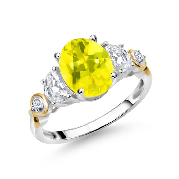 Gem Stone King 2.50 Cttw Oval Canary Mystic Topaz and Moissanite 3-Stone Ring for Women | 925 Silver and 10K Yellow Gold | Gemstone Birthstone | Oval 9X7MM (Size 9)