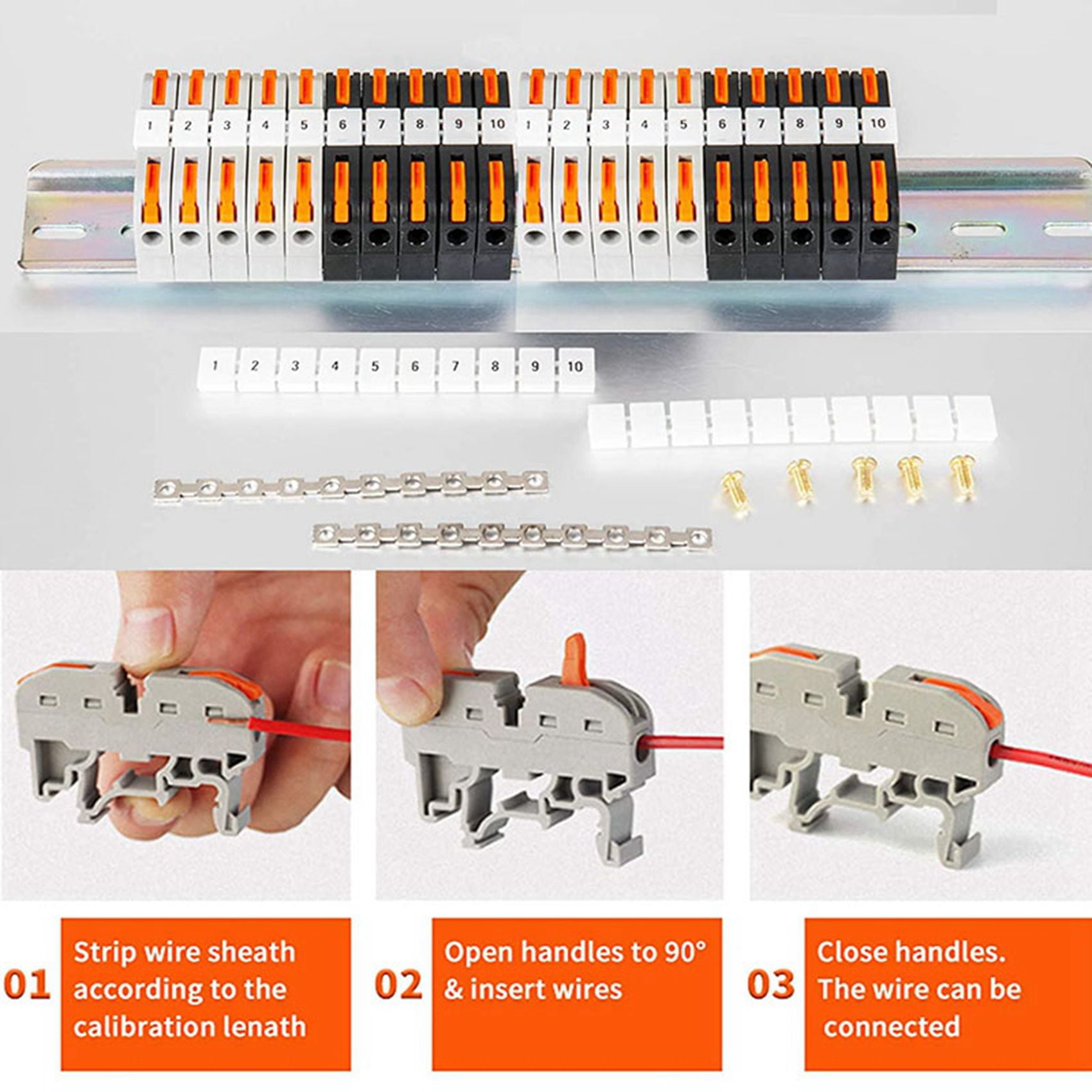60X DIN Rail Terminal Blocks Kit, with Universal Compact Connectors, Connection Bar, Marker Strip, Screws, 28-12 AWG