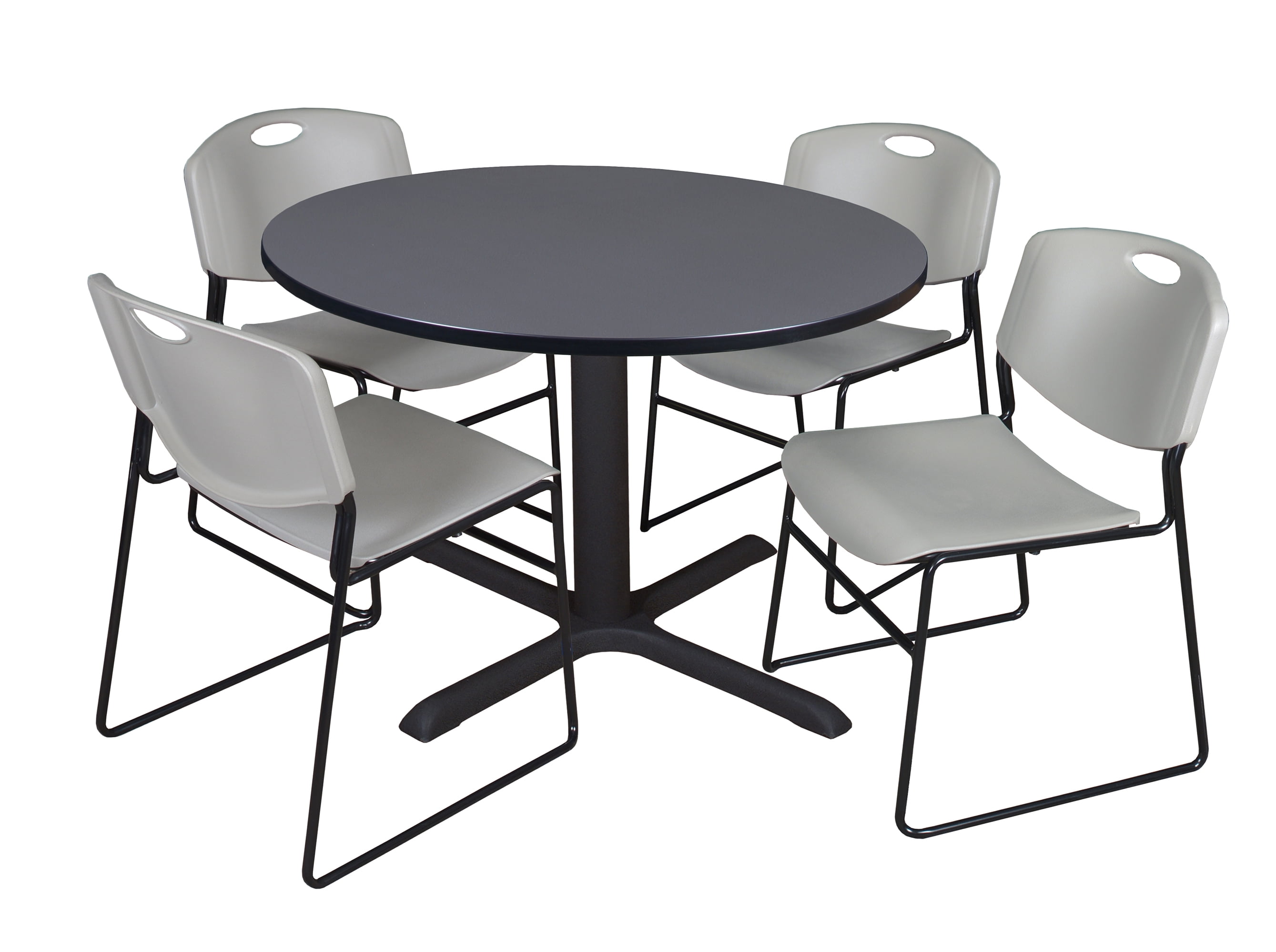 Cain 48" Grey Round Breakroom Table and 4 Zeng Stack Chairs, Multiple