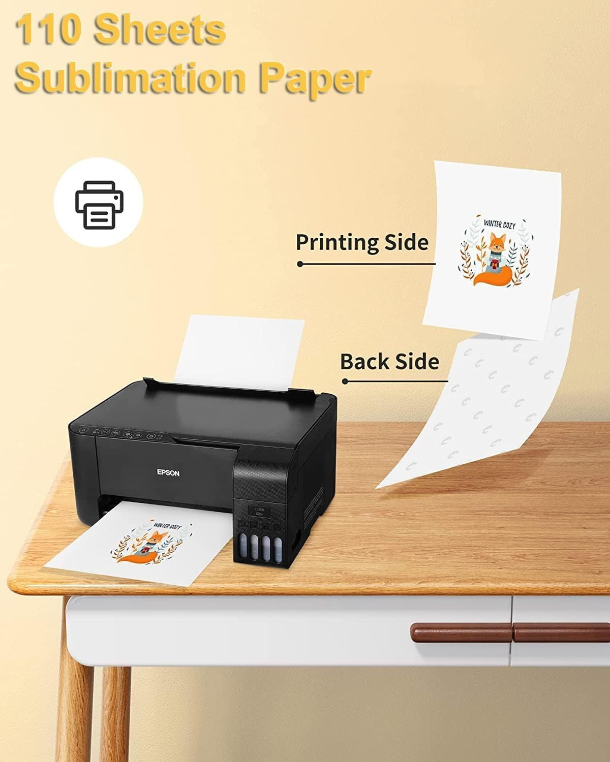 Hiipoo Sublimation Ink Set with 110 Sheet Sublimation Paper 8.5x11” 120G, 2 Pack Teflon Sheet, Heat Tape Compatible for Inkjet Printer ET-2720 ET-2760 ET-2800 ET-2803 ET-2400 ET-4700 ET-4800 ET-15000