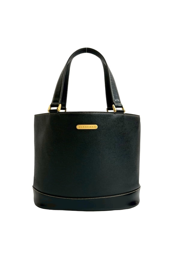 Pre-Owned BURBERRY Nova Check Logo Plate Leather Handbag Mini Tote Bag Black 27645 (Good)