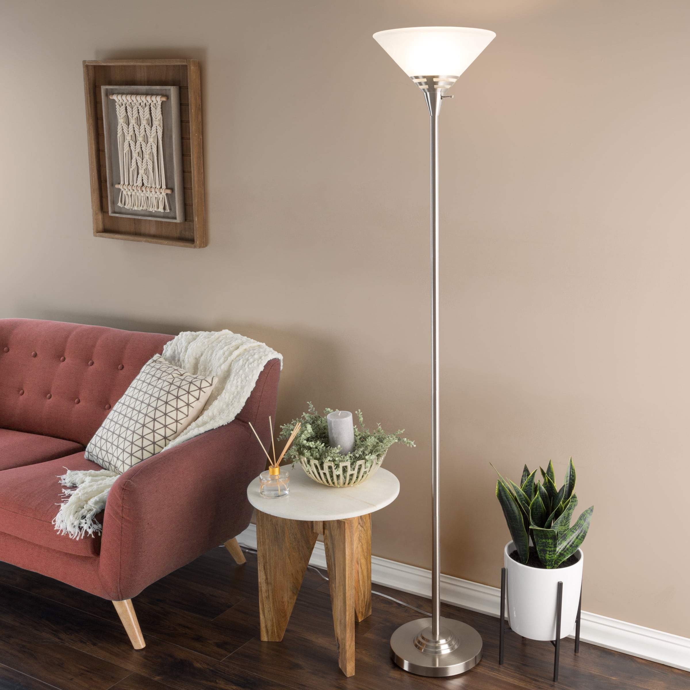 Lavish Home Torchiere Floor Lamp with Metal Base and Marbled Shade (Silver)