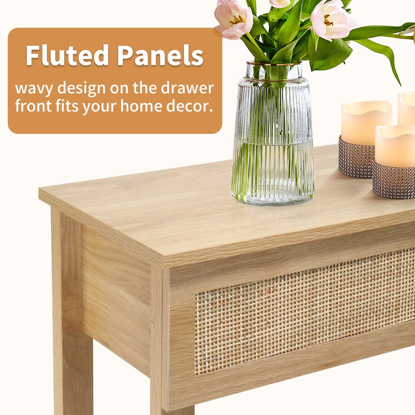 Tcbosik 51.2-Inch Boho Style Rattan Console Table with 3 Drawers & Open Shelf – Natural Wood Finish, Narrow Entryway Table for Hallway, Living Room, or Foyer