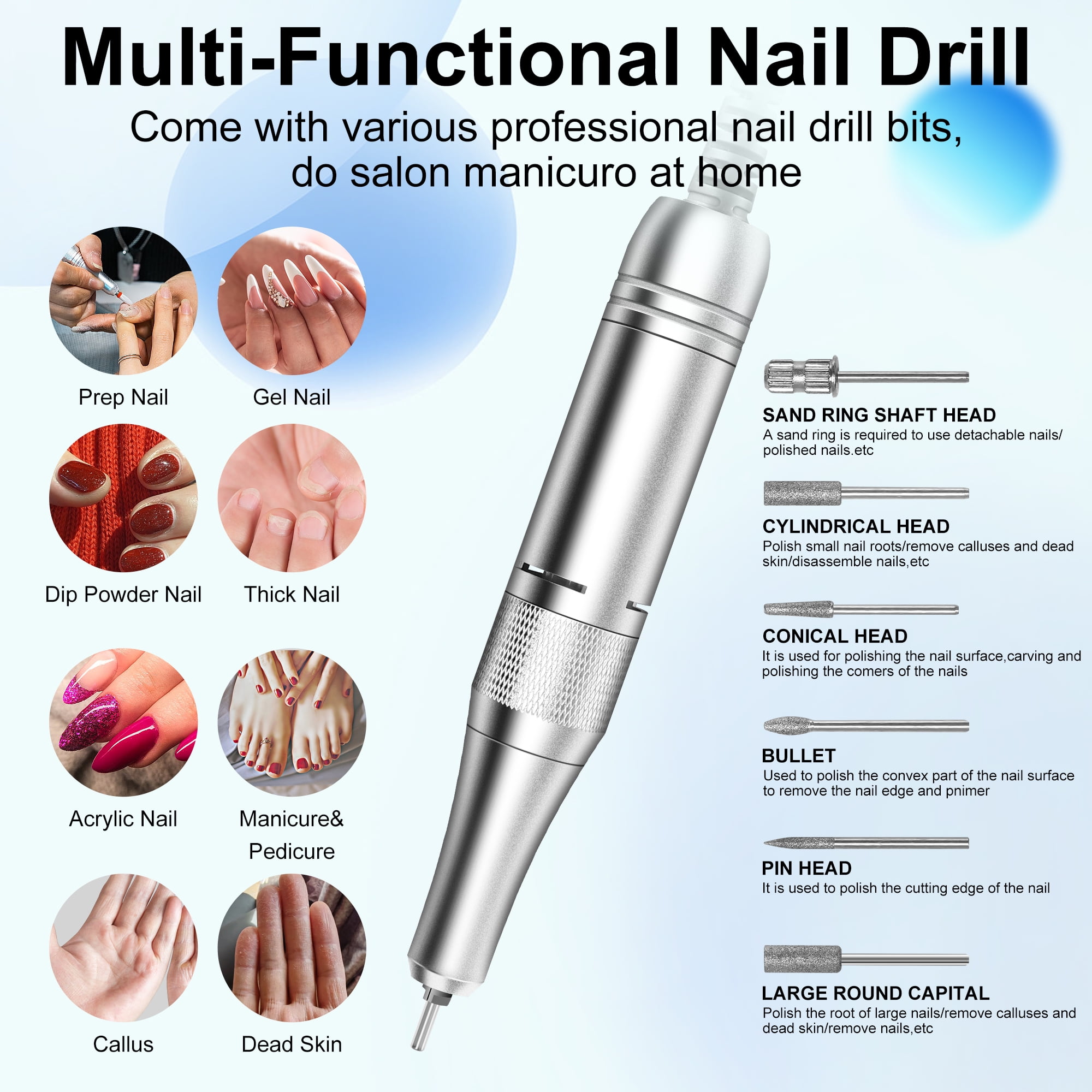 JIGUOOR Electric Nail Drill Machine, 45000RPM Rechargeable, Portable Electric Nail File Kit for Women Manicure Salon Nails Gel Polishing, Home