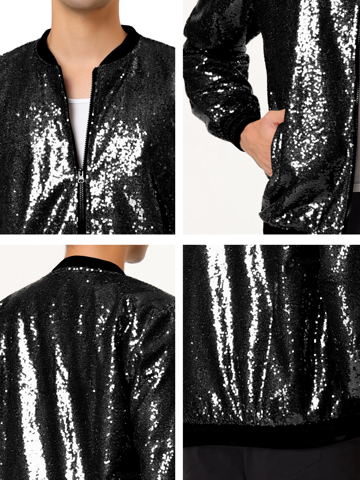 Unique Bargains Men's Long Sleeves Sequin Varsity Zipper Bomber Jacket M Black